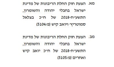 שתי הצעות חוק להחלת הריבונות רשומות בסדר היום של ועדת השרים לחקיקה