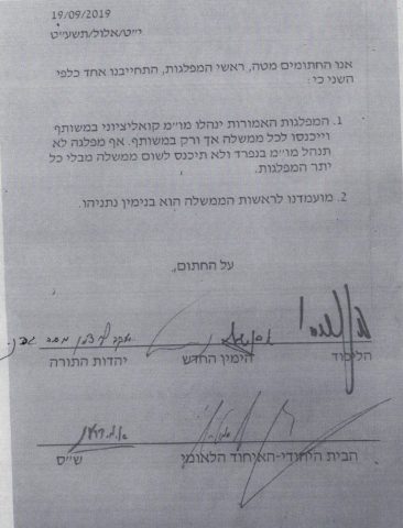 המסמך החתום בין ראשי מפלגות הימין