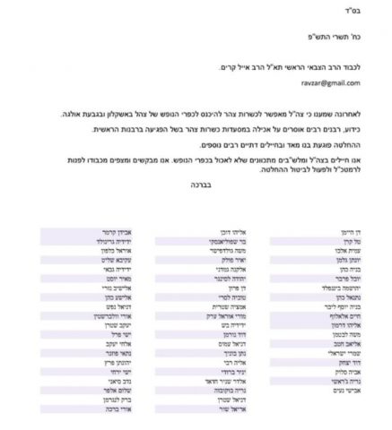 המכתב עם שמות עשרות החיילים