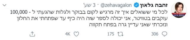 הציוץ של זהבה גלאון (צילום מסך מתוך טוויטר)