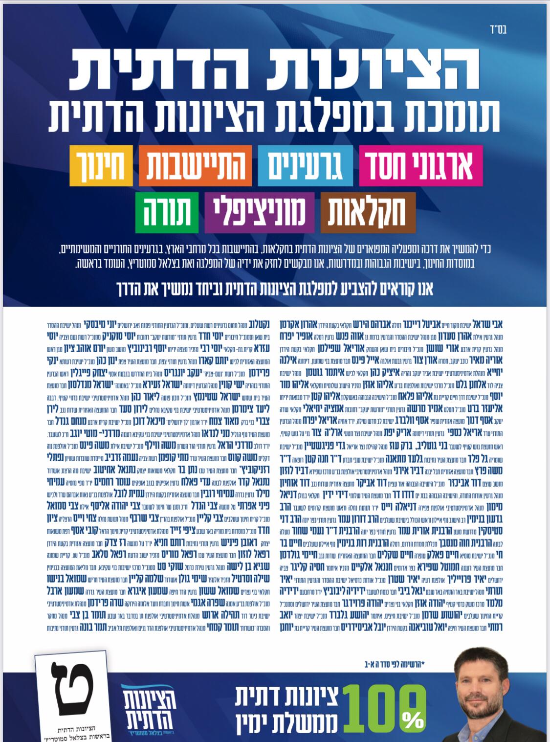 150 אנשי עשייה מהציונות הדתית תומכים בסמוטריץ'