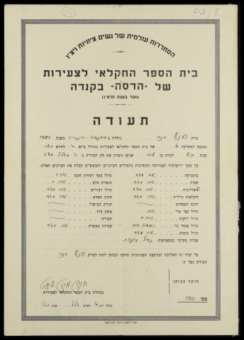 תעודת גמר של חנה סנש מבית הספר החקלאי בנהלל (באדיבות: הספרייה הלאומית)