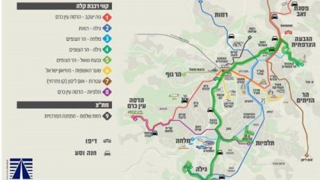 מפת קווי הרכבת הקלה המתוכננים בירושלים