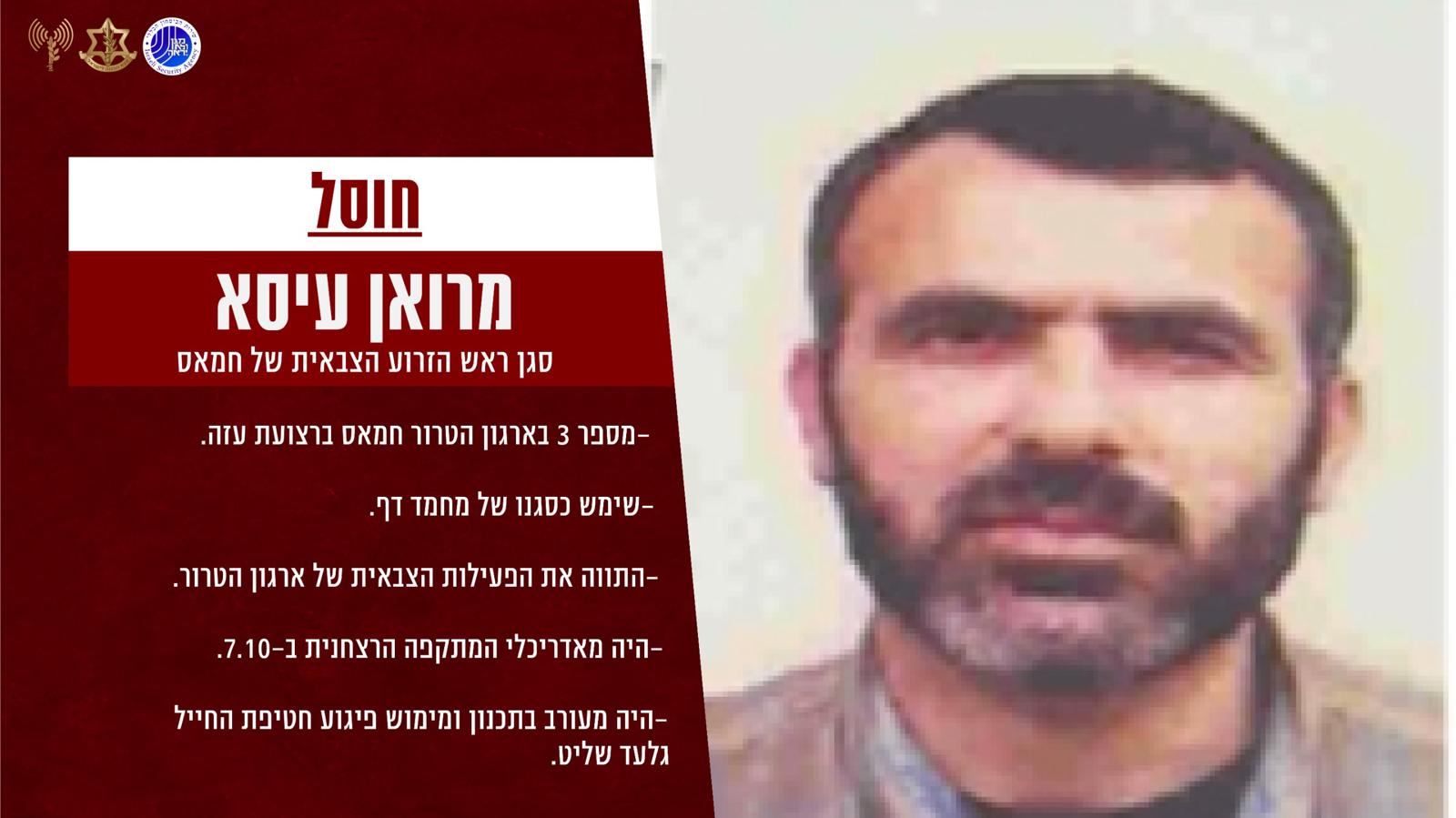 דובר צה"ל אישר: חיסלנו את מרואן עיסא