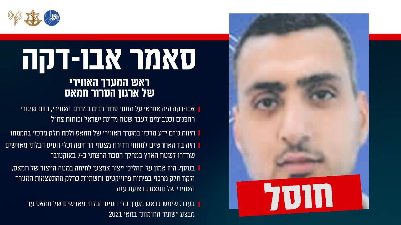 צה"ל מאשר: ראש המערך האווירי של חמאס חוסל בעזה