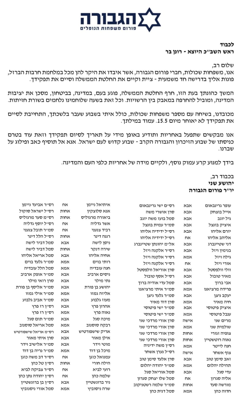 המכתב שנשלח על ידי המשפחות השכולות