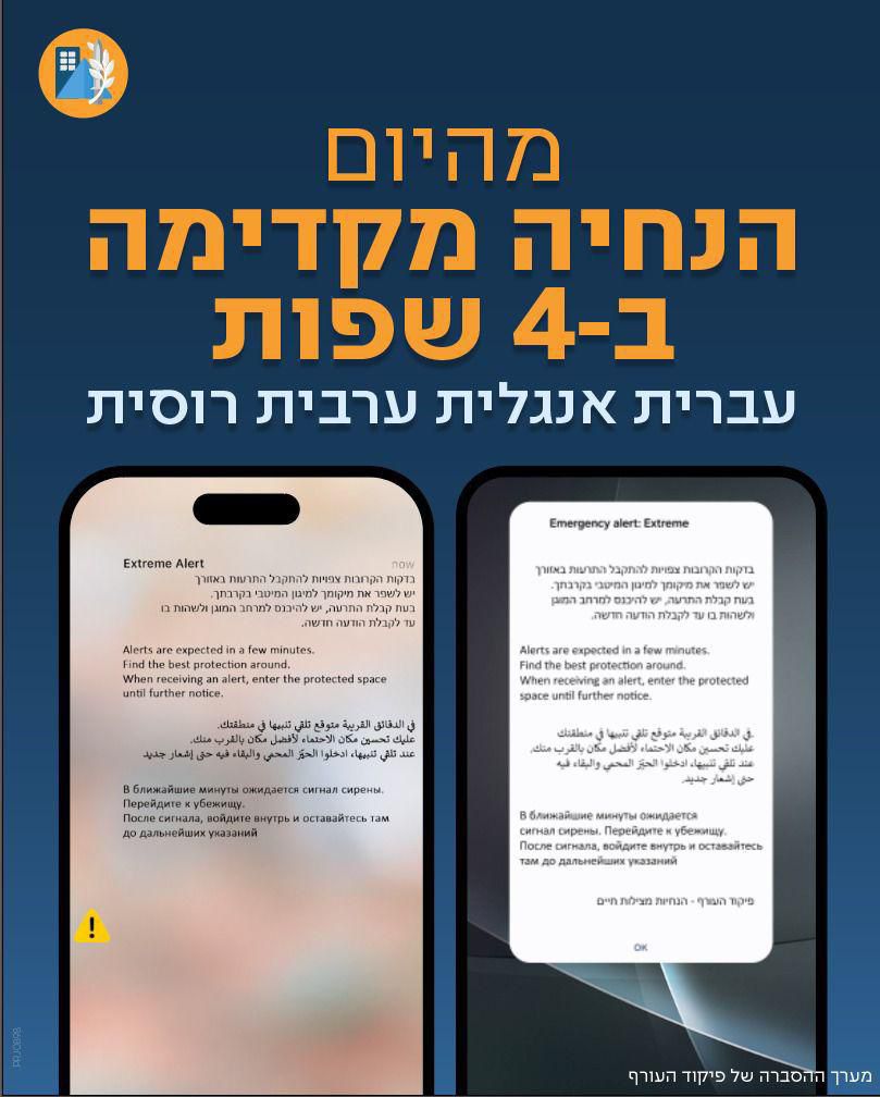פיקוד העורף מרחיב את ההתראה המוקדמת לירי טילים