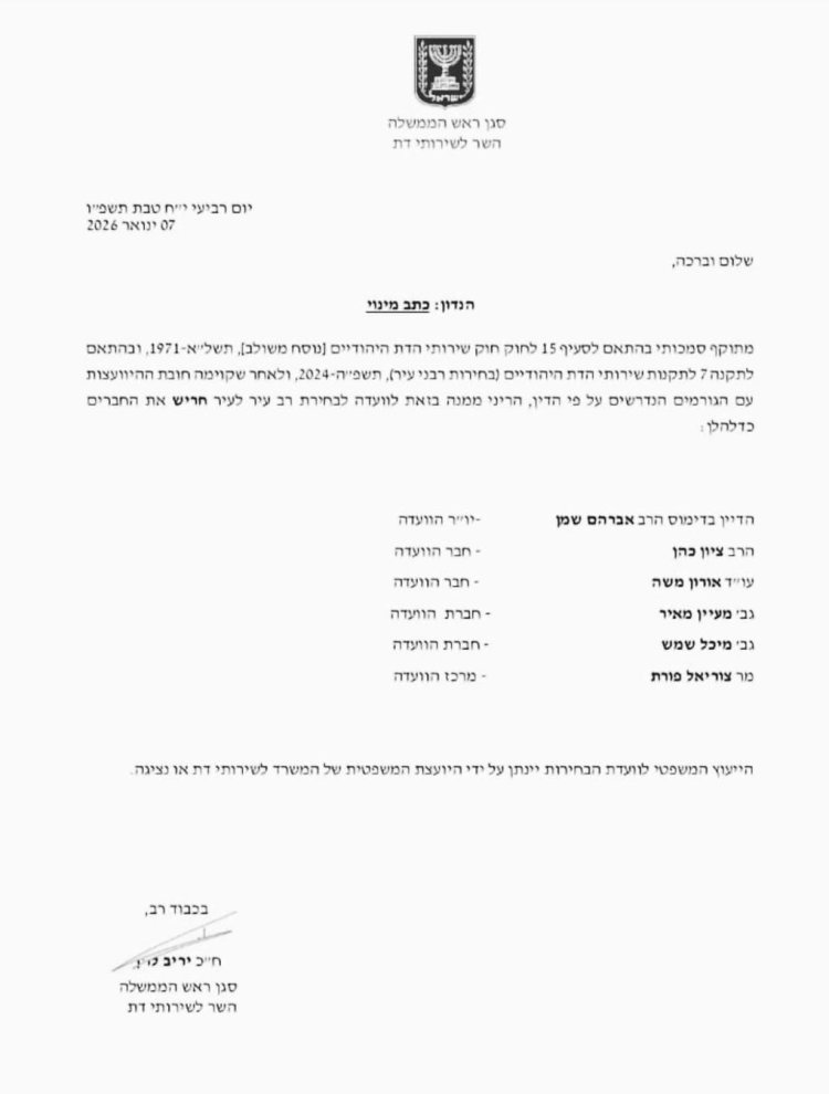 המסמך החתום על ידי שר הדתות. בלעדי לסרוגים