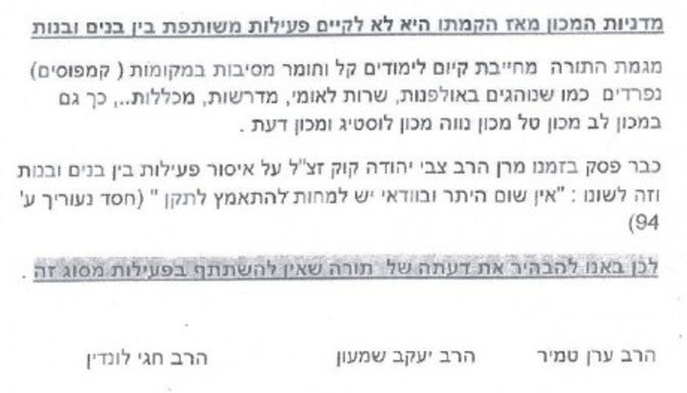 הסטודנטים ארגנו הופעה בהפרדה; הרבנים פסקו: אסור