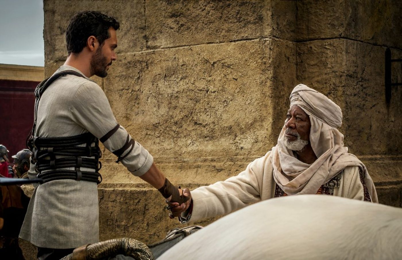 Jack Huston plays Judah Ben-Hur and Morgan Freeman plays Ilderim in Ben-Hur from Metro-Goldwyn-Mayer Pictures and Paramount Pictures.