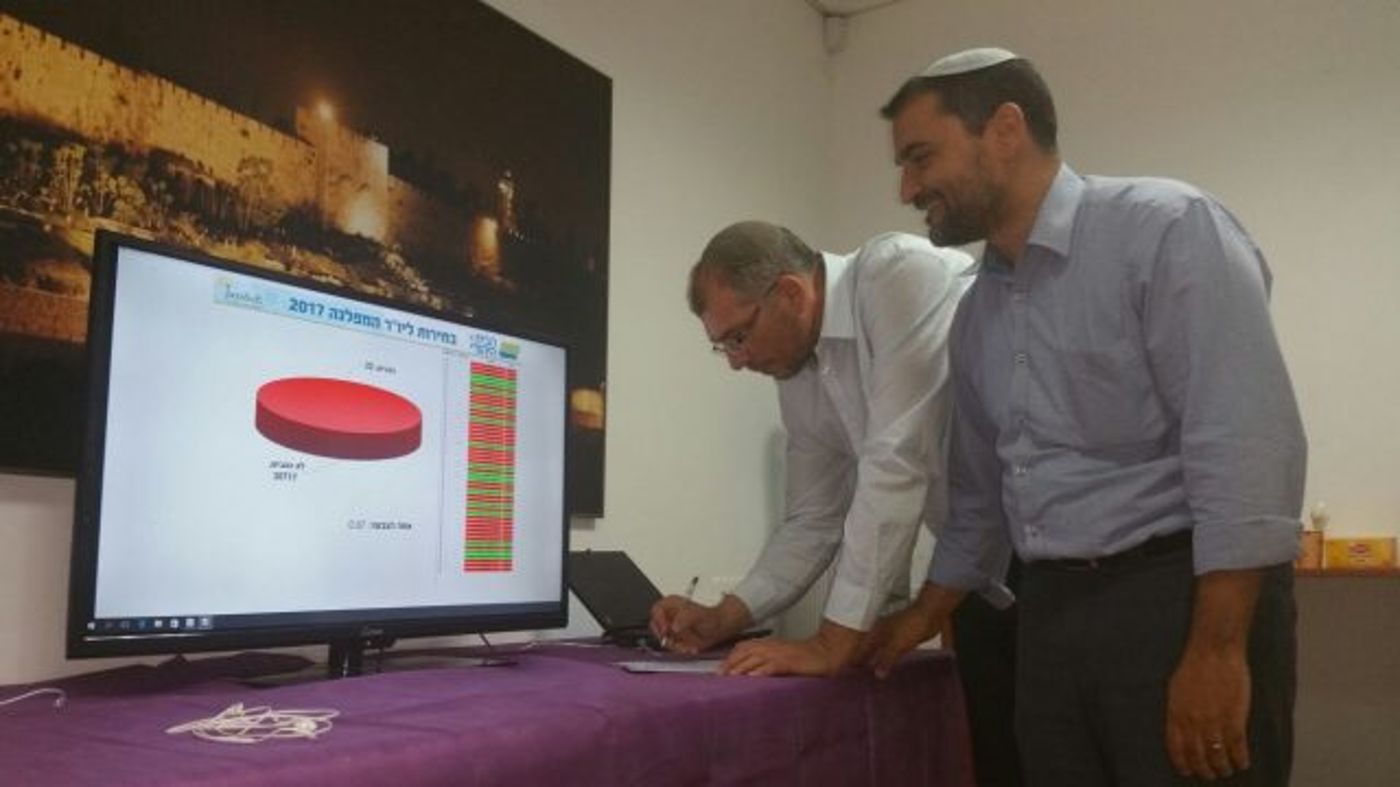 מזכ"ל המפלגה ניר אורבך ליד צג המחשב במורה על אחוזי ההצבעה