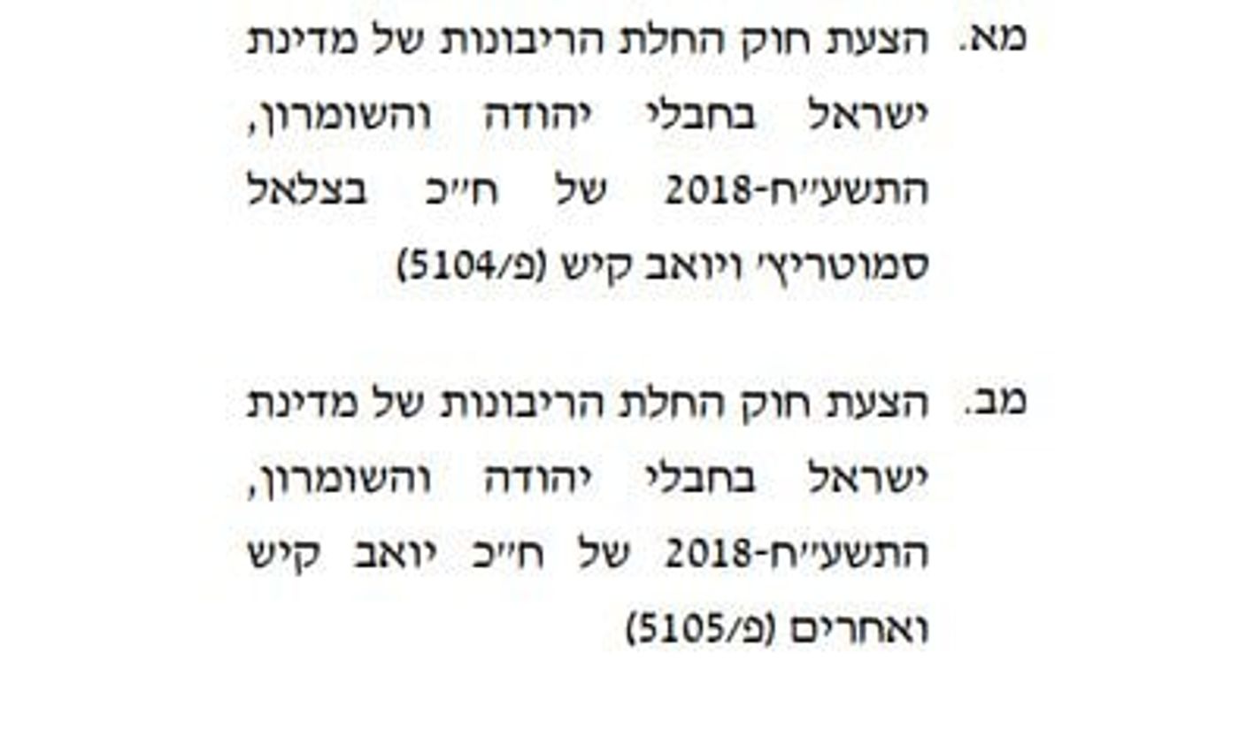 שתי הצעות חוק להחלת הריבונות רשומות בסדר היום של ועדת השרים לחקיקה