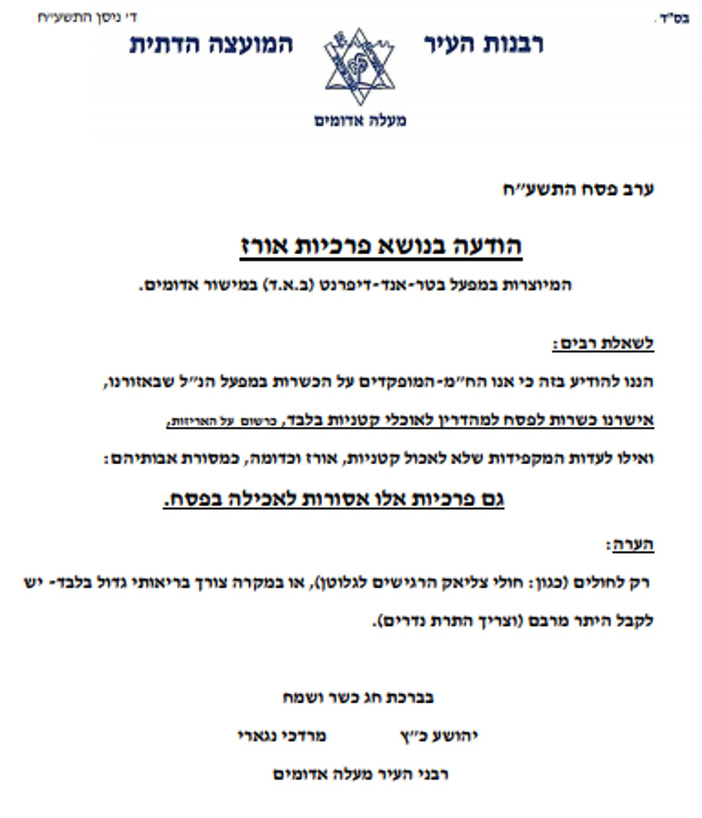 הרבנים של מעלה אדומים נגד הפסק של הרב לבנון