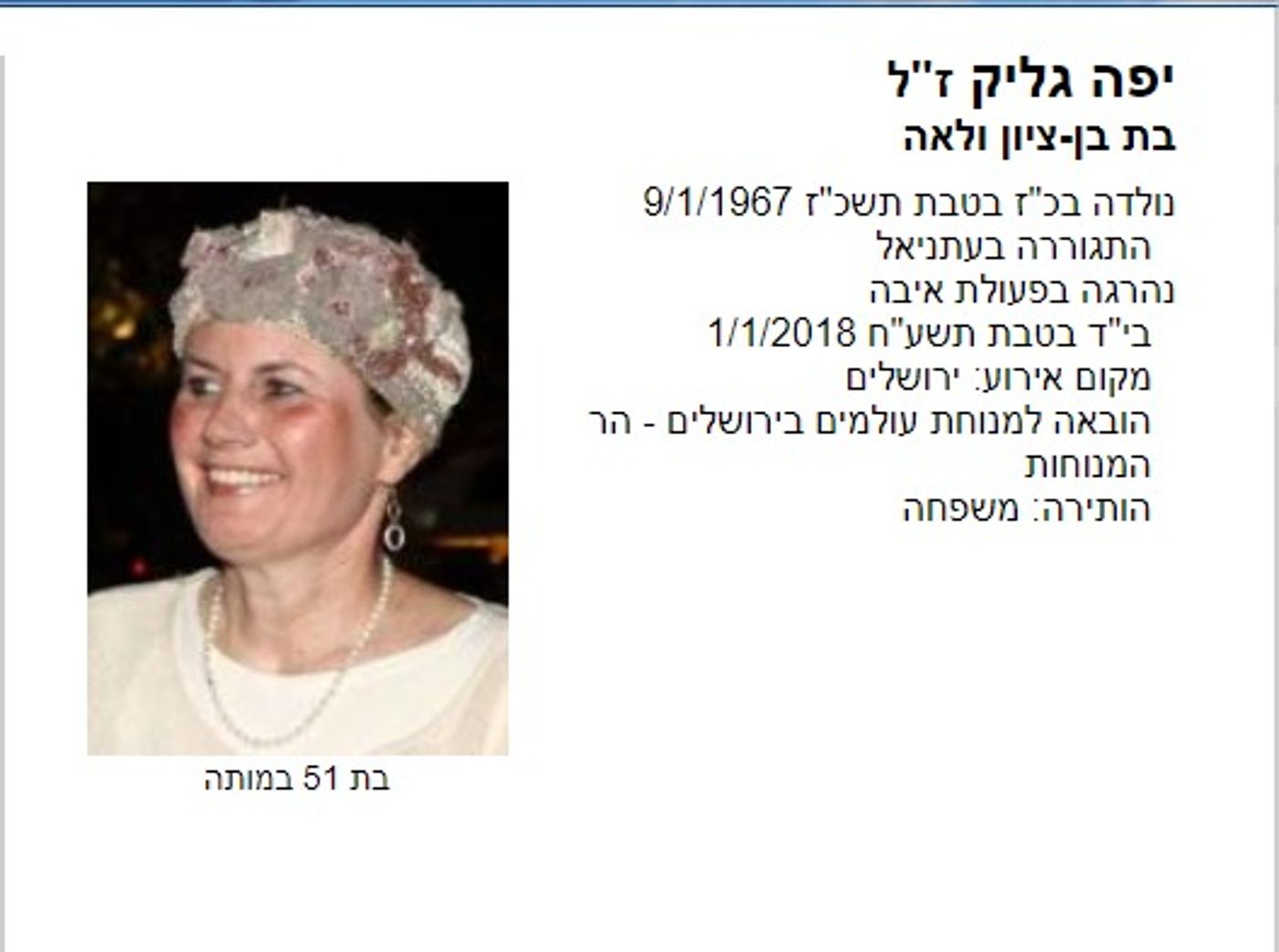 פרטיה של גליק ז"ל כפי שכתובים באתר לזכר אזרחים חללי פעולות האיבה