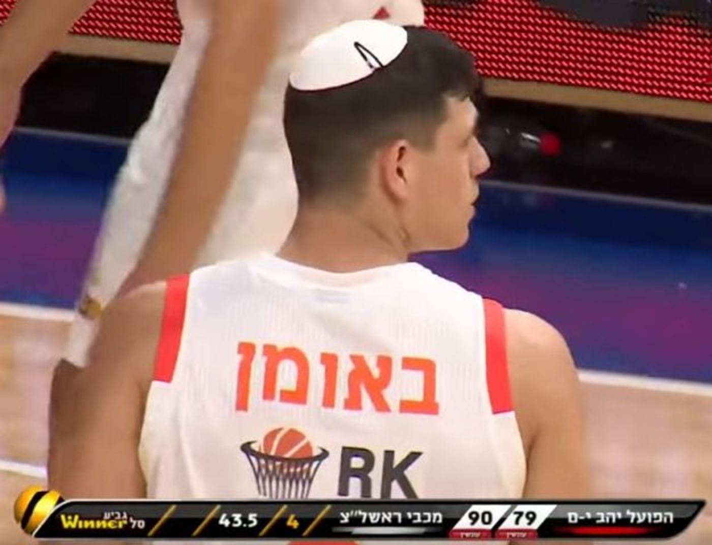 באומן במשחק מכבי ראשל"צ מול הפועל ירושלים. צילום מסך יוטיוב