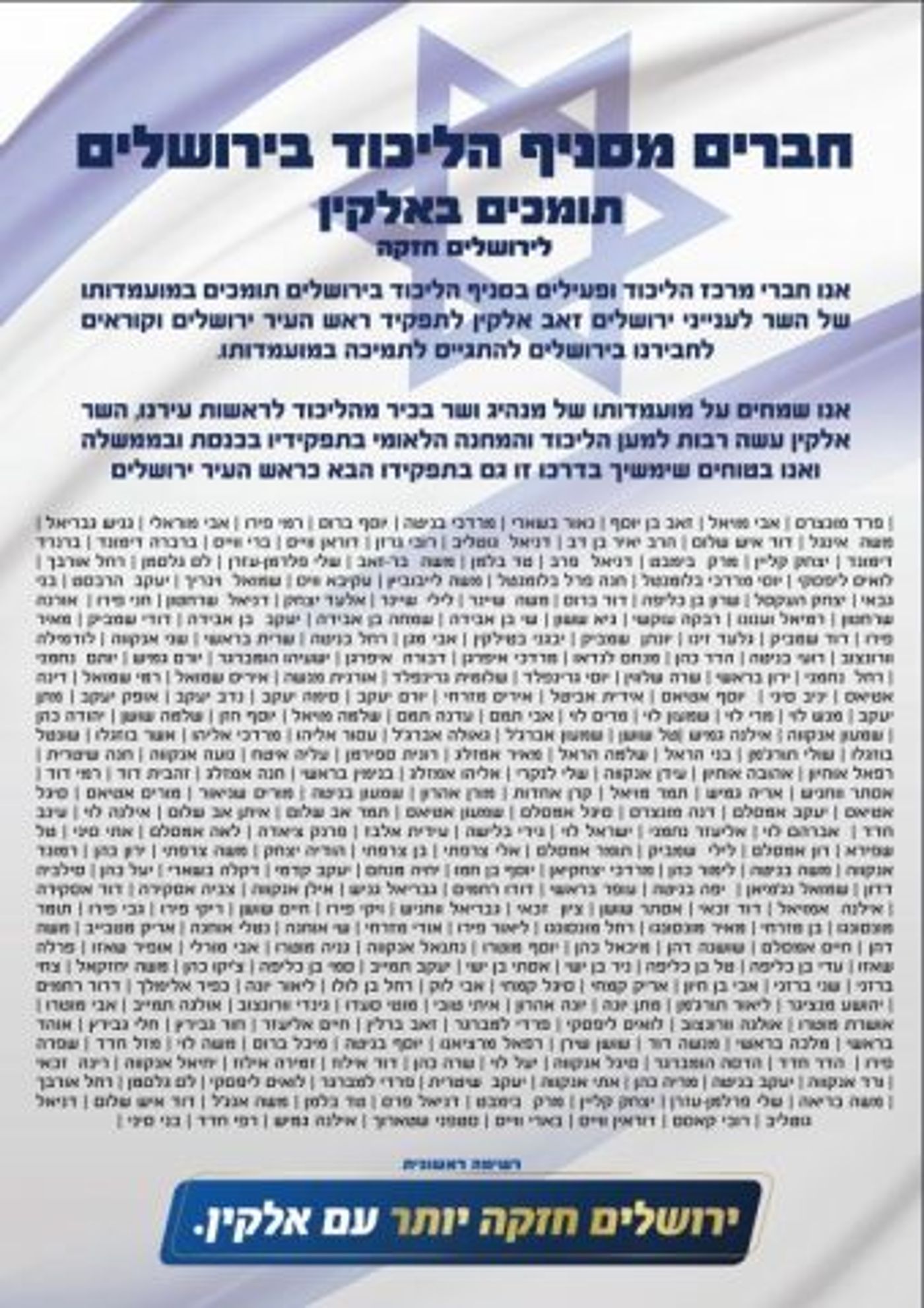 400 חברי מרכז ופעילי ליכוד חתמו על תמיכה באלקין
