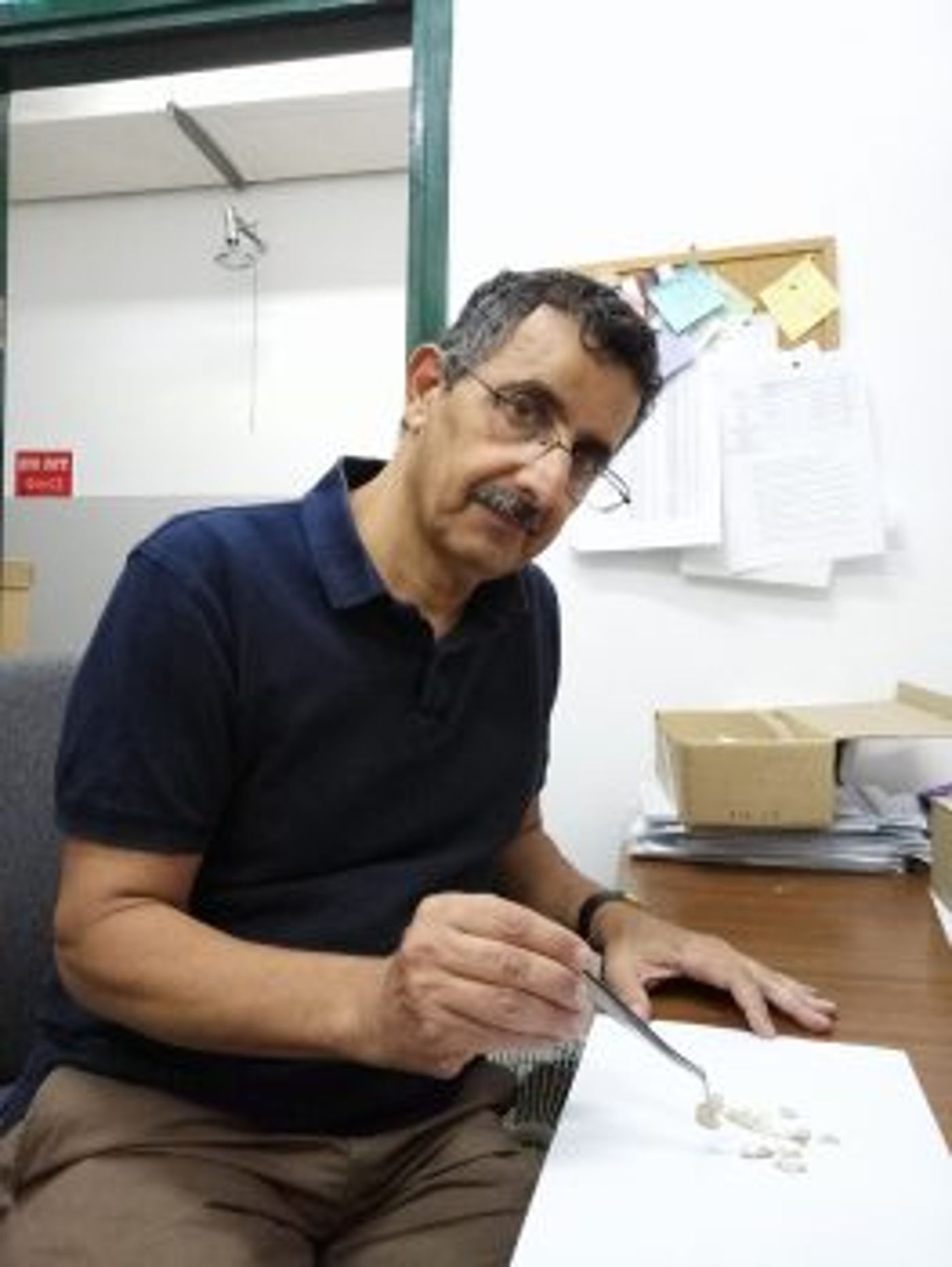 פרופ' זהר עמר עם שרידי הביצים מבית ראשון (דוברות בר אילן)