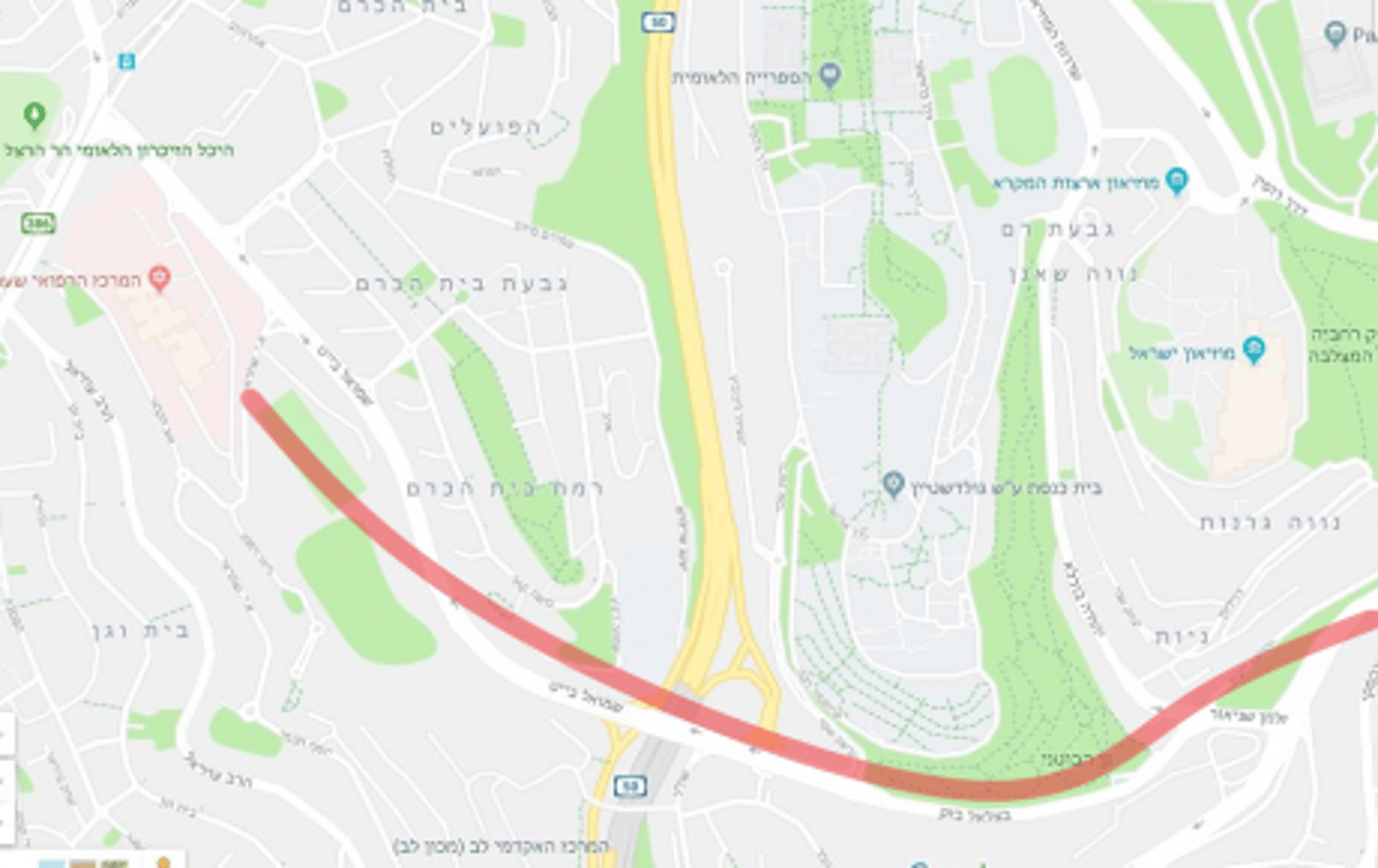 הכביש המהיר שבוטל. משמאל יציאת המנהרה המתוכננת בבית וגן (מתוך גוגל מפות)