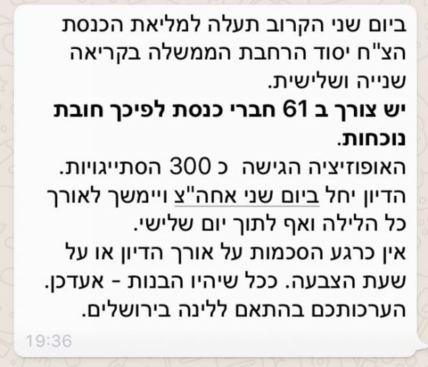 אזעקת חירום לח"כים: "חובת נוכחות, צורך ב- 61"