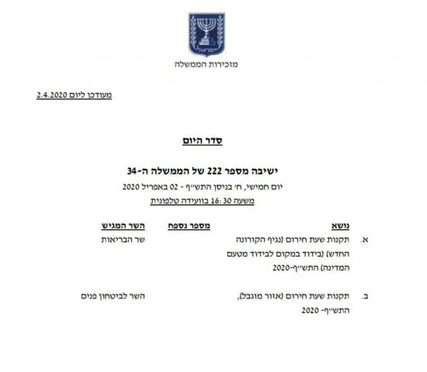 הזימון שקיבלו חברי הממשלה