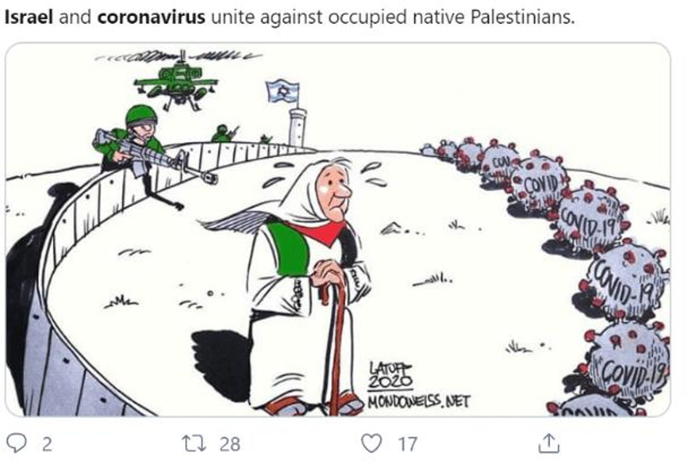 קריקטורה אנטישמית: "ישראל והקורונה מאוחדים בכיבוש נגד הפלסטינים"