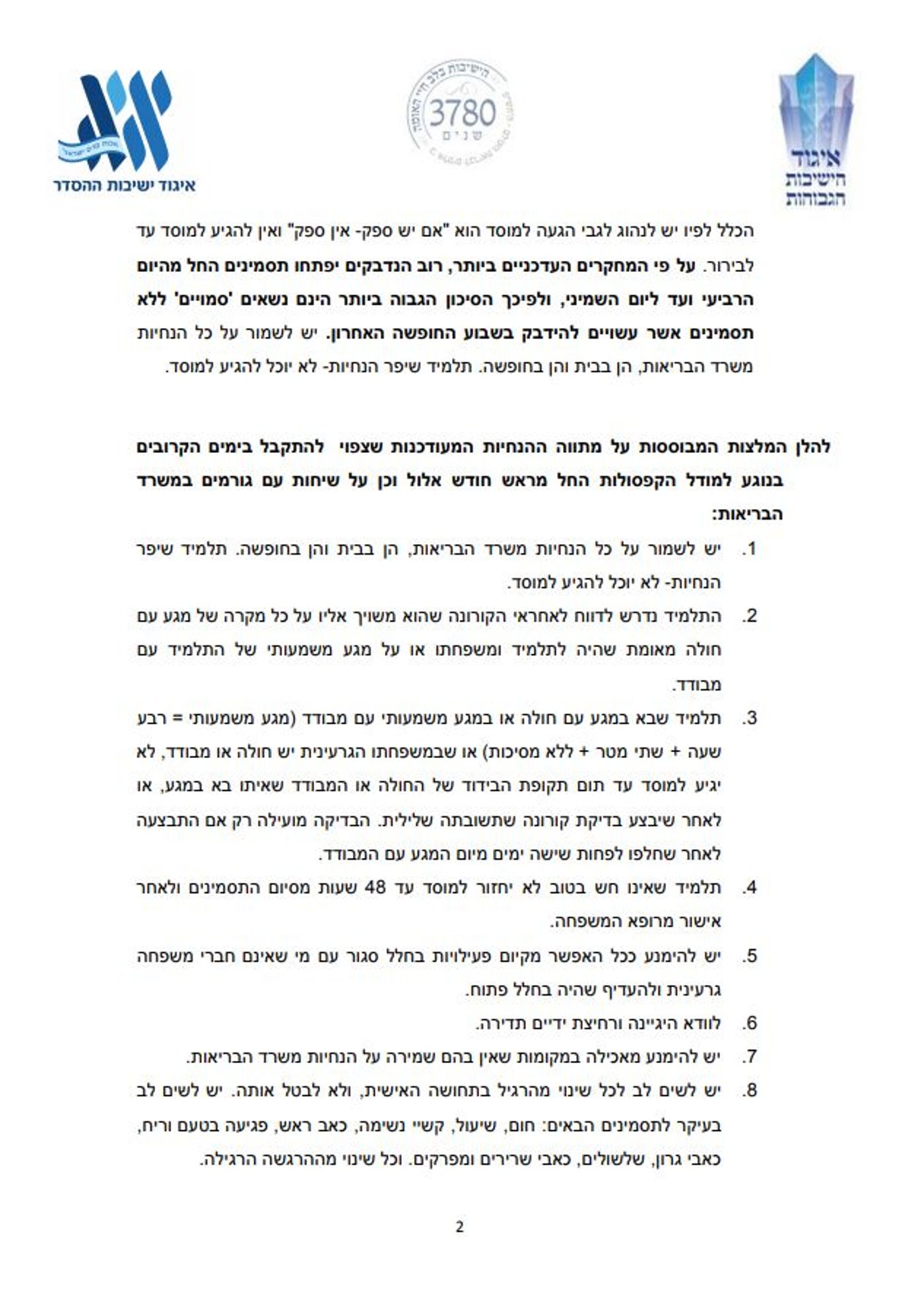 מסמך איגודי הישיבות: הנהלים לקראת א' אלול