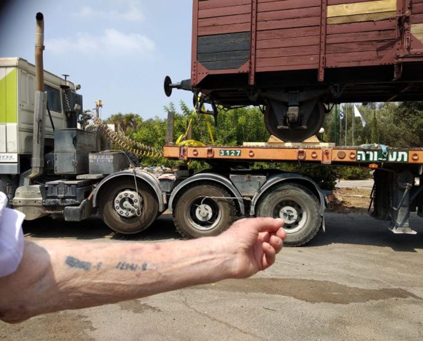 דוד (דוגו) לייטנר מראה את המספר על זרועו, על רקע הקרון.