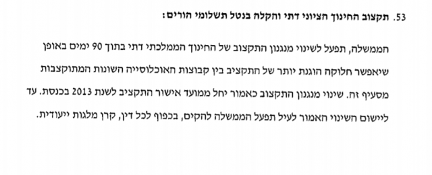 הסעיף על תכנית הקלה בנטל תשלומי ההורים בהסכם הקואליציוני של הבית היהודי ב2013