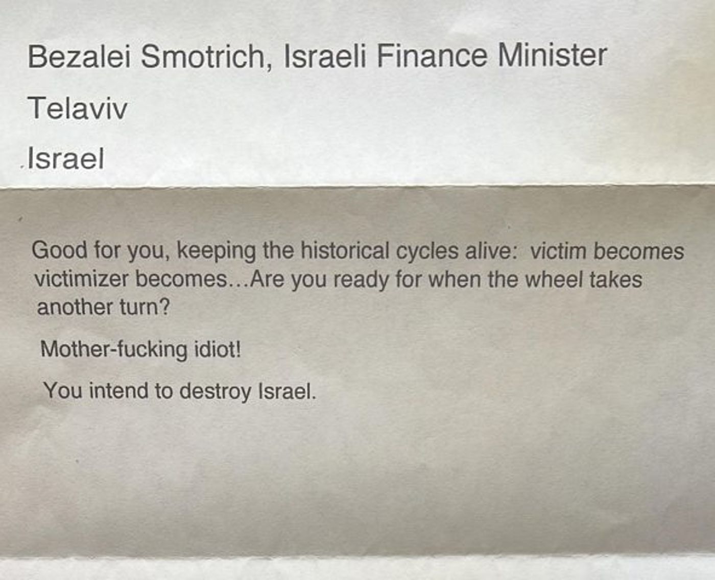 מזעזע: מכתב איום עם צלבי קרס נשלח לסמוטריץ'