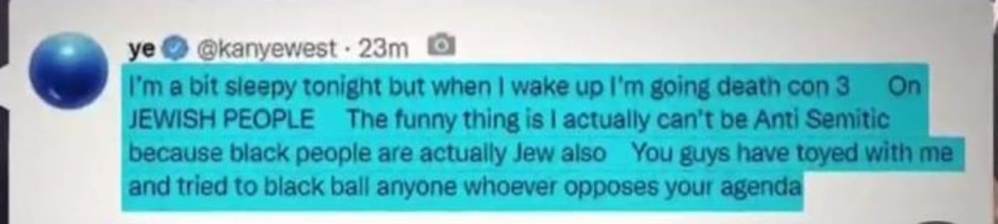 הציוץ של קניה "יה" ווסט ברשת הטוויטר (צילום מסך)