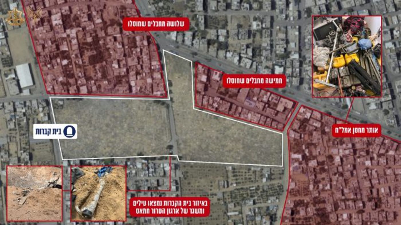 תצלום אווירי של בית הקברות ואמצעי הלחימה שאותרו בו (דובר צה"ל)