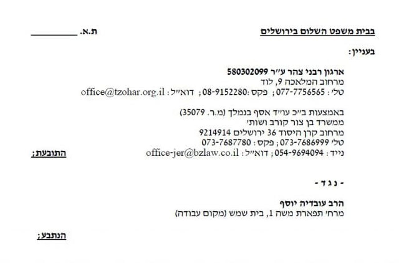ארגון רבני צהר תובע דיבה את הרב עובדיה יוסף