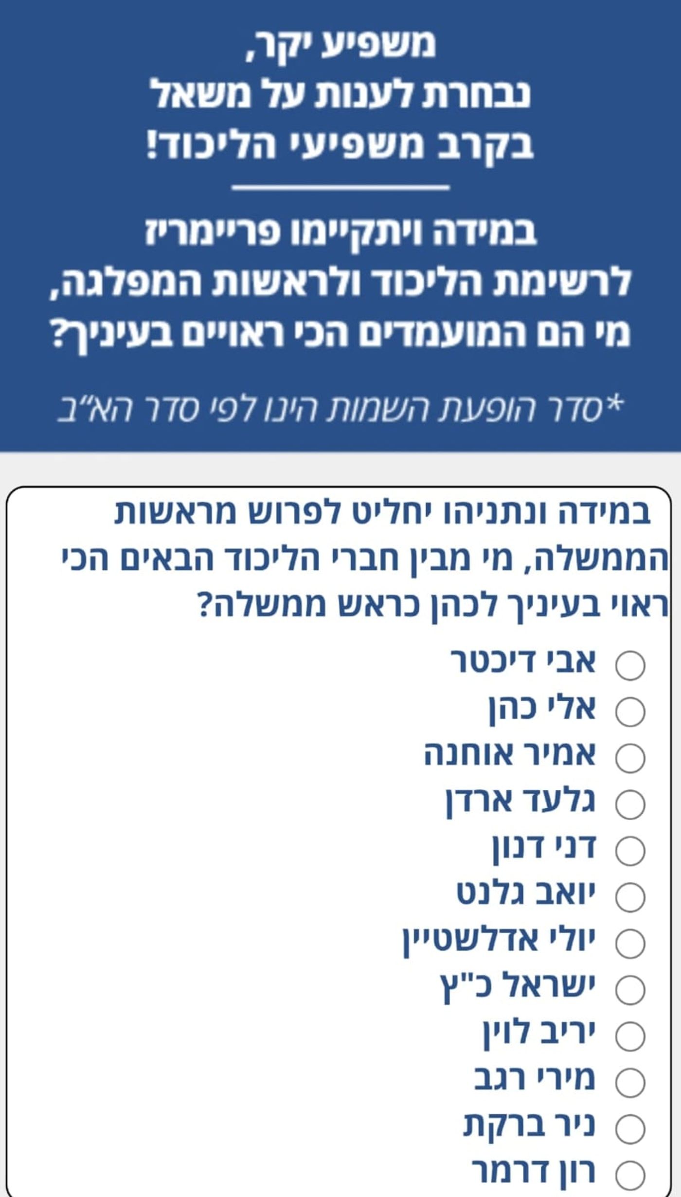 סקר הפריימריז שנשלח למקורבי מפלגת הליכוד, הסקר בוחן את המועמד המועדף להחלפתו של ראש הממשלה נתניהו.