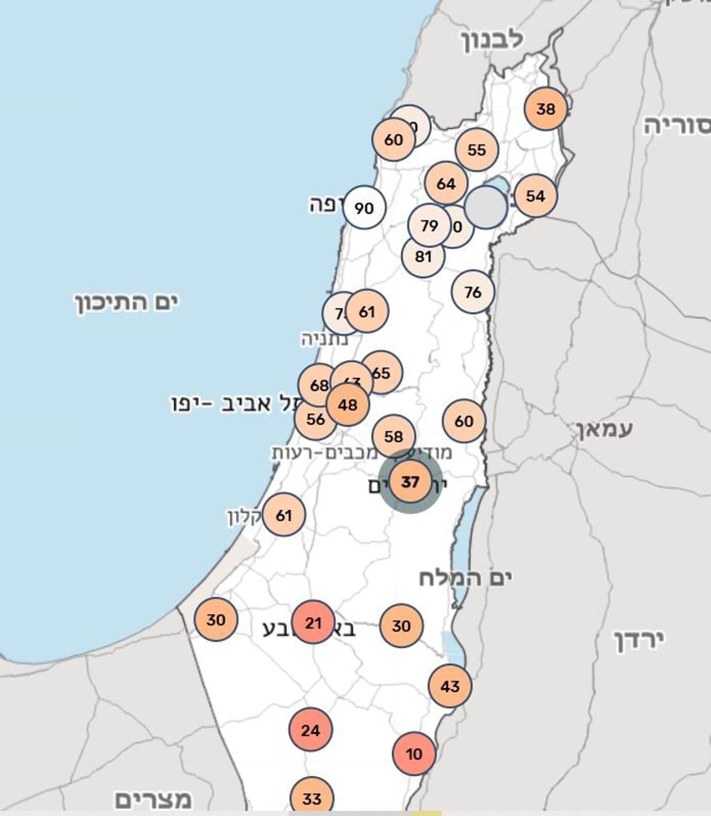 כמות המשקעים ביחס לממוצע לתקופה הנוכחית (השירות המטאורולוגי)