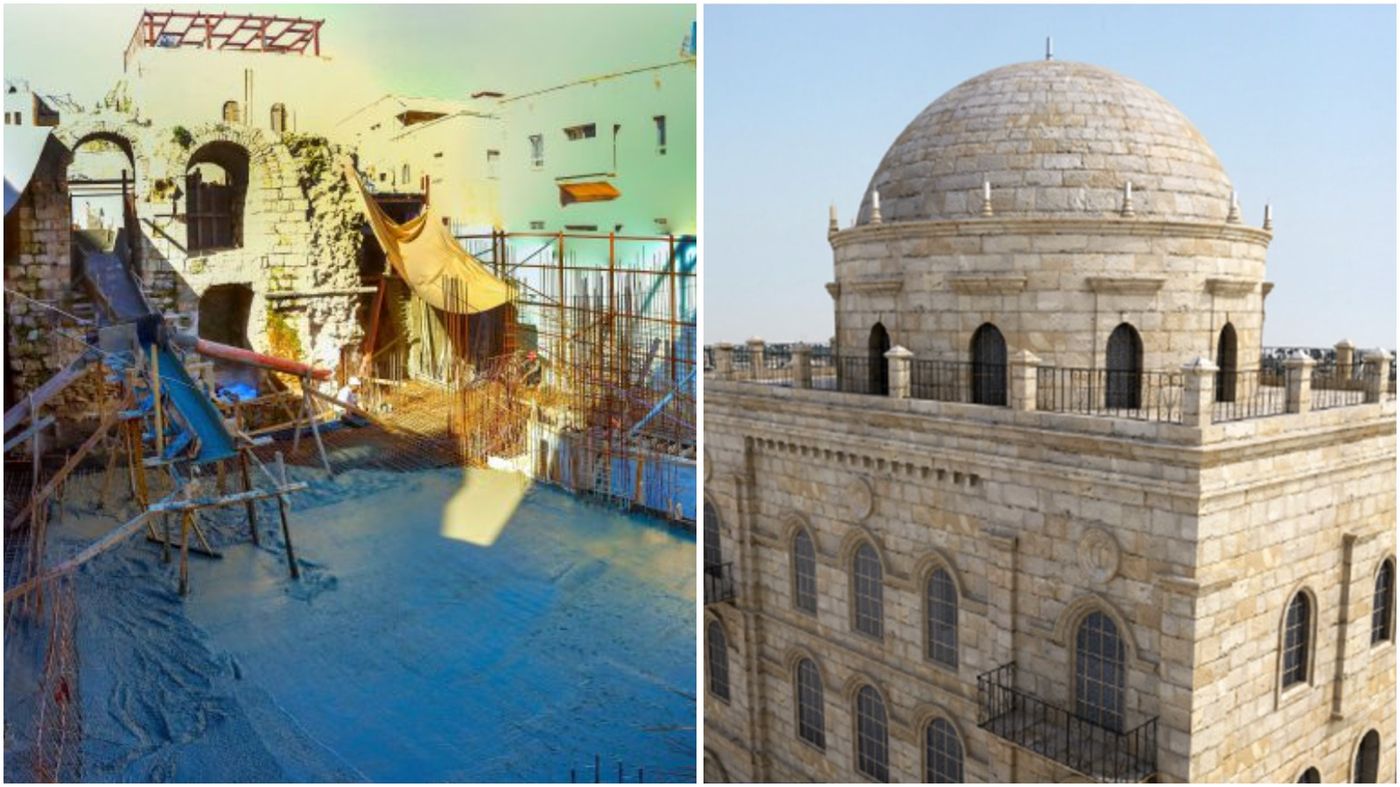 יציקת רצפת בית הכנסת תפארת ישראל על רקע שער הכניסה העתיק