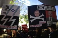 חרפה: שלטים עם סמלים נאציים בהפגנת השמאל