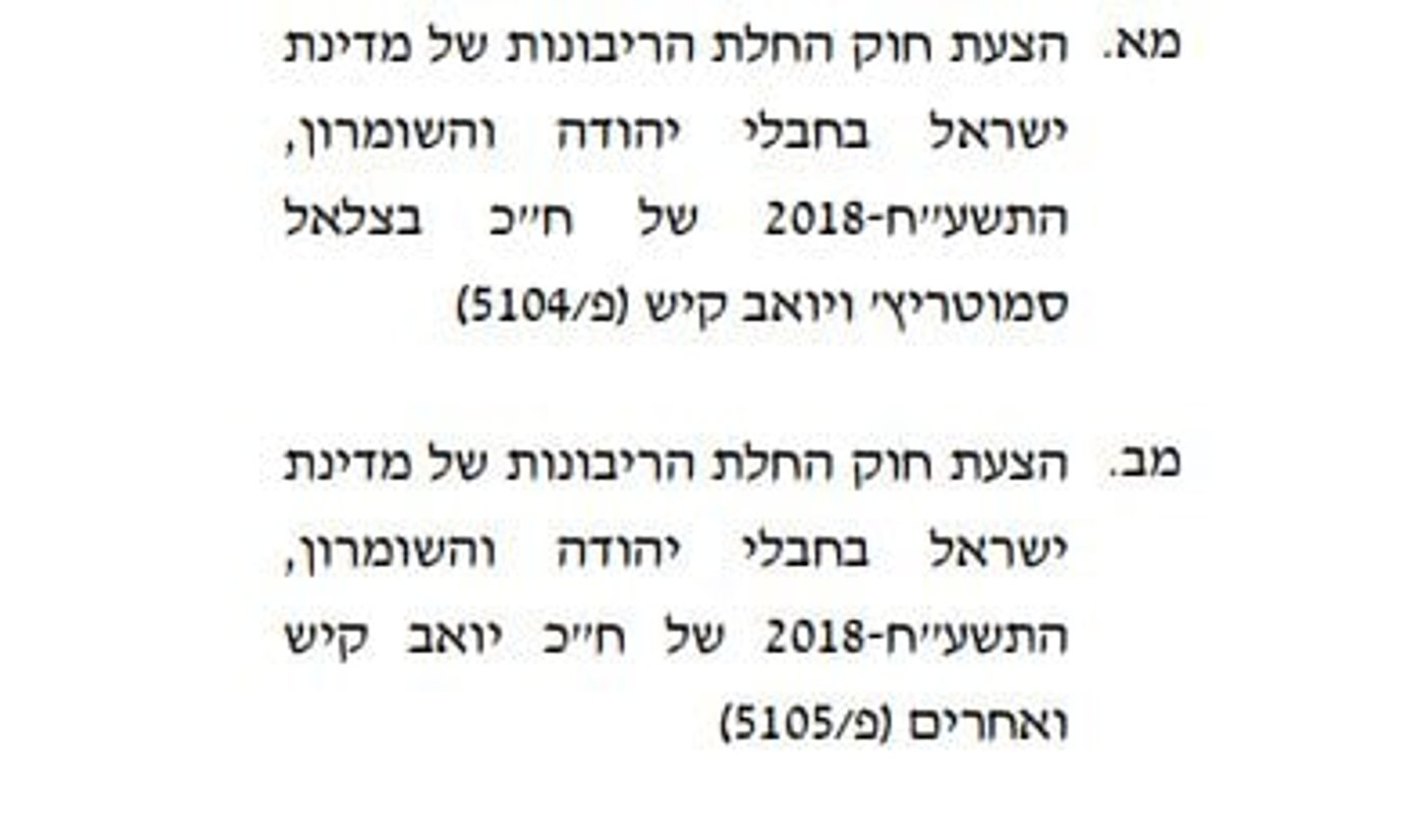 שתי הצעות חוק להחלת הריבונות רשומות בסדר היום של ועדת השרים לחקיקה