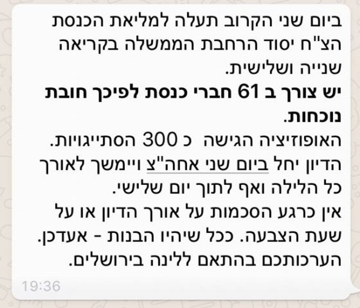 אזעקת חירום לח"כים: "חובת נוכחות, צורך ב- 61"
