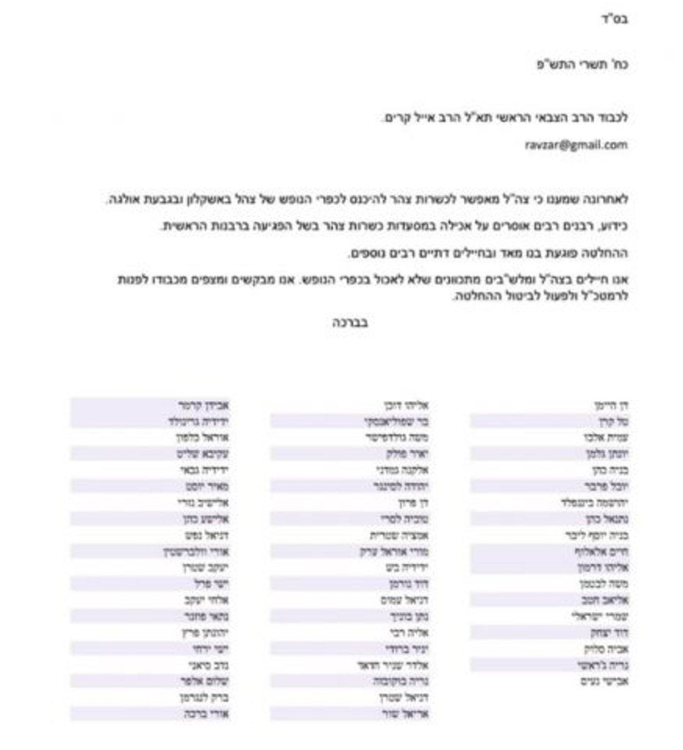 המכתב עם שמות עשרות החיילים