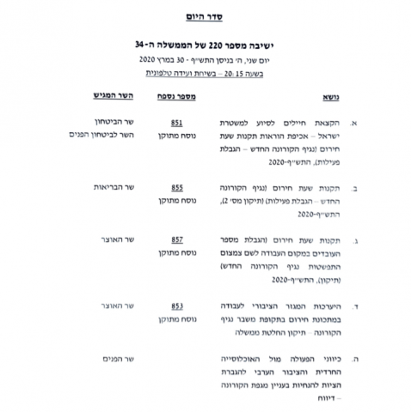 סדר היום של הממשלה לאישור ההגבלות