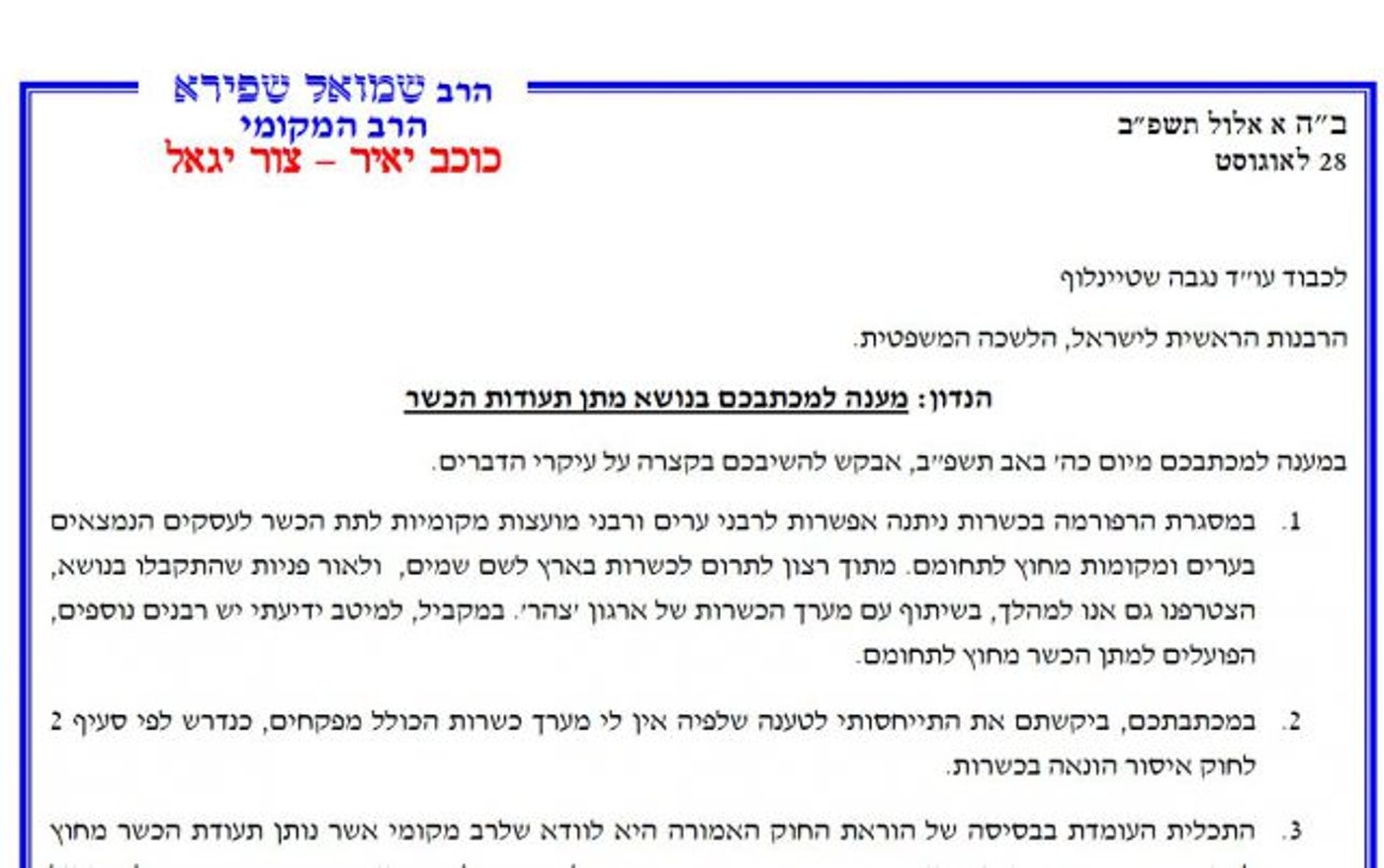 מענה הרב שפירא ליועצים המשפטים של הרבנות