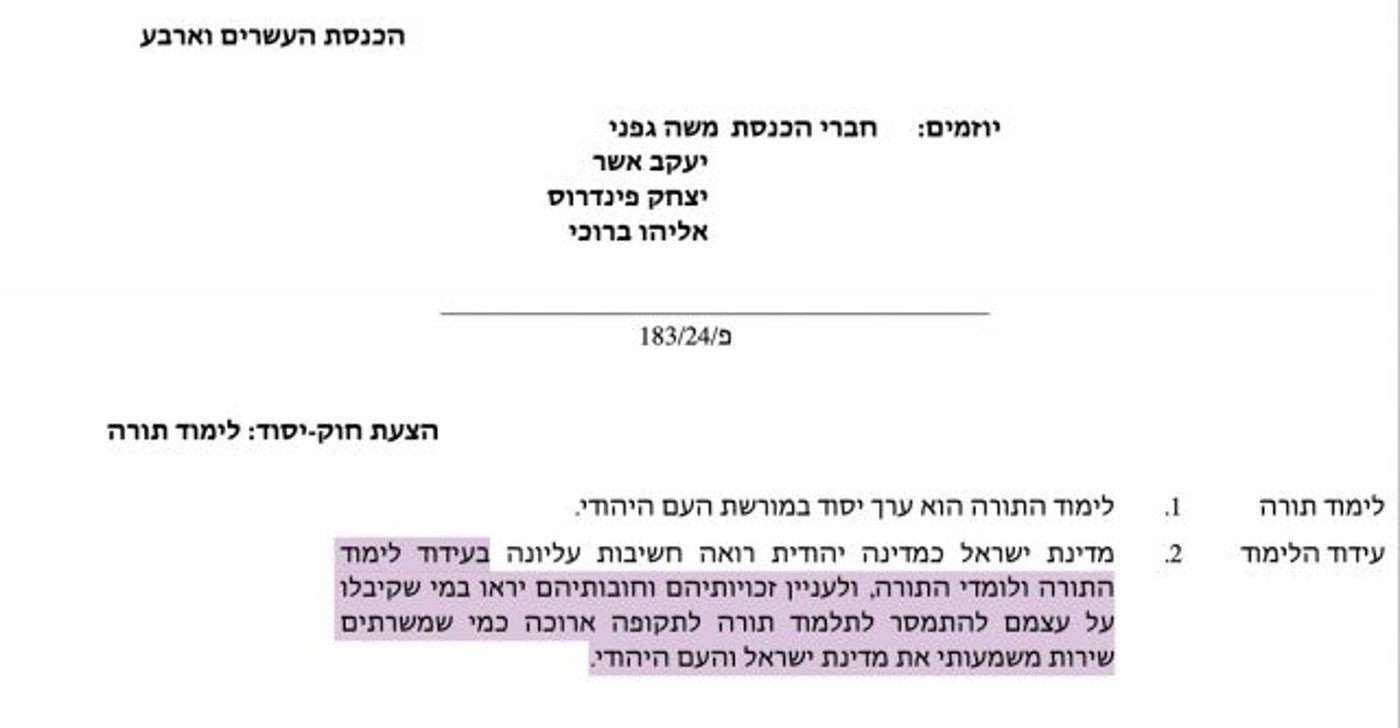 מתוך הצעת ״חוטק יסוד: לימוד תורה״ בשנת 2018