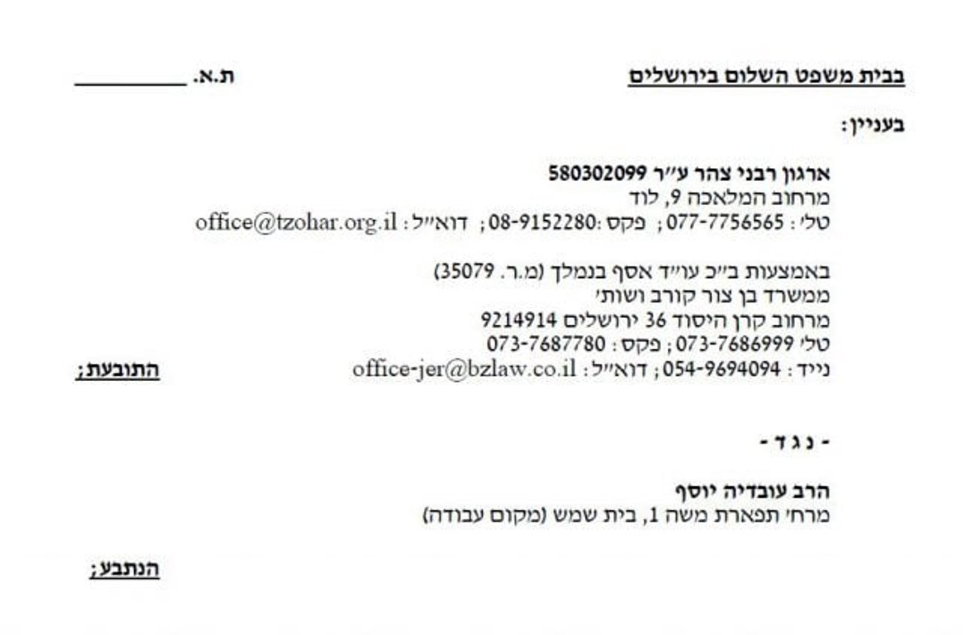 ארגון רבני צהר תובע דיבה את הרב עובדיה יוסף