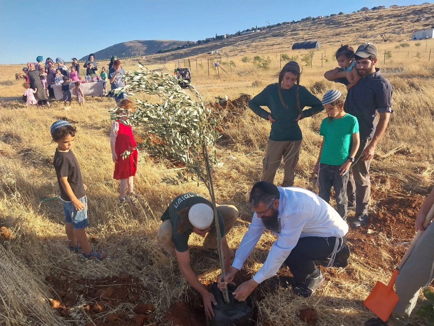נוטעים עץ לאחר פינוי יחד עם רב היישוב כוכב השחר, הרב אוהד קרקובר