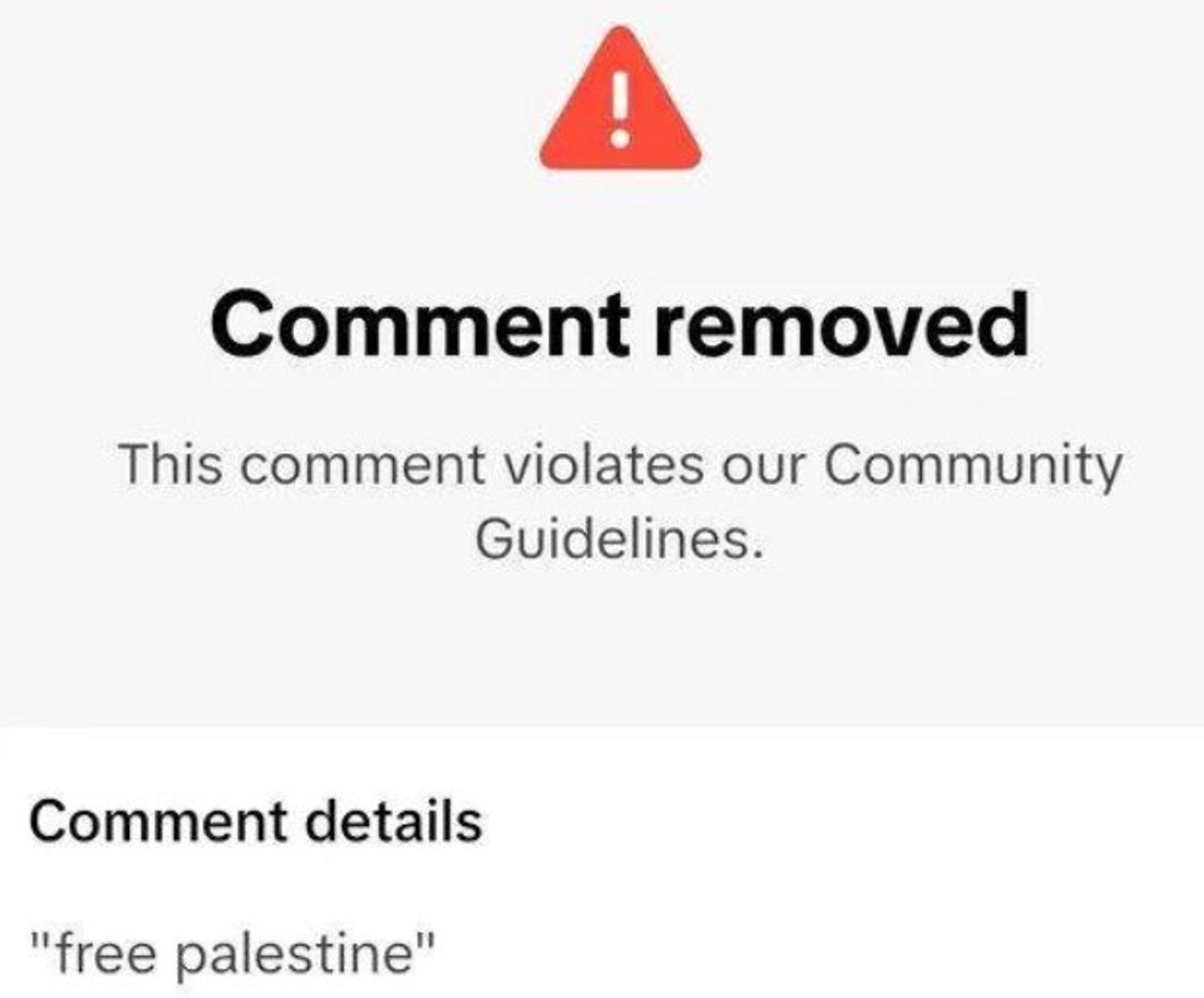 הודעה על הסרת תגובת "Free palestine" על ידי משתמש.